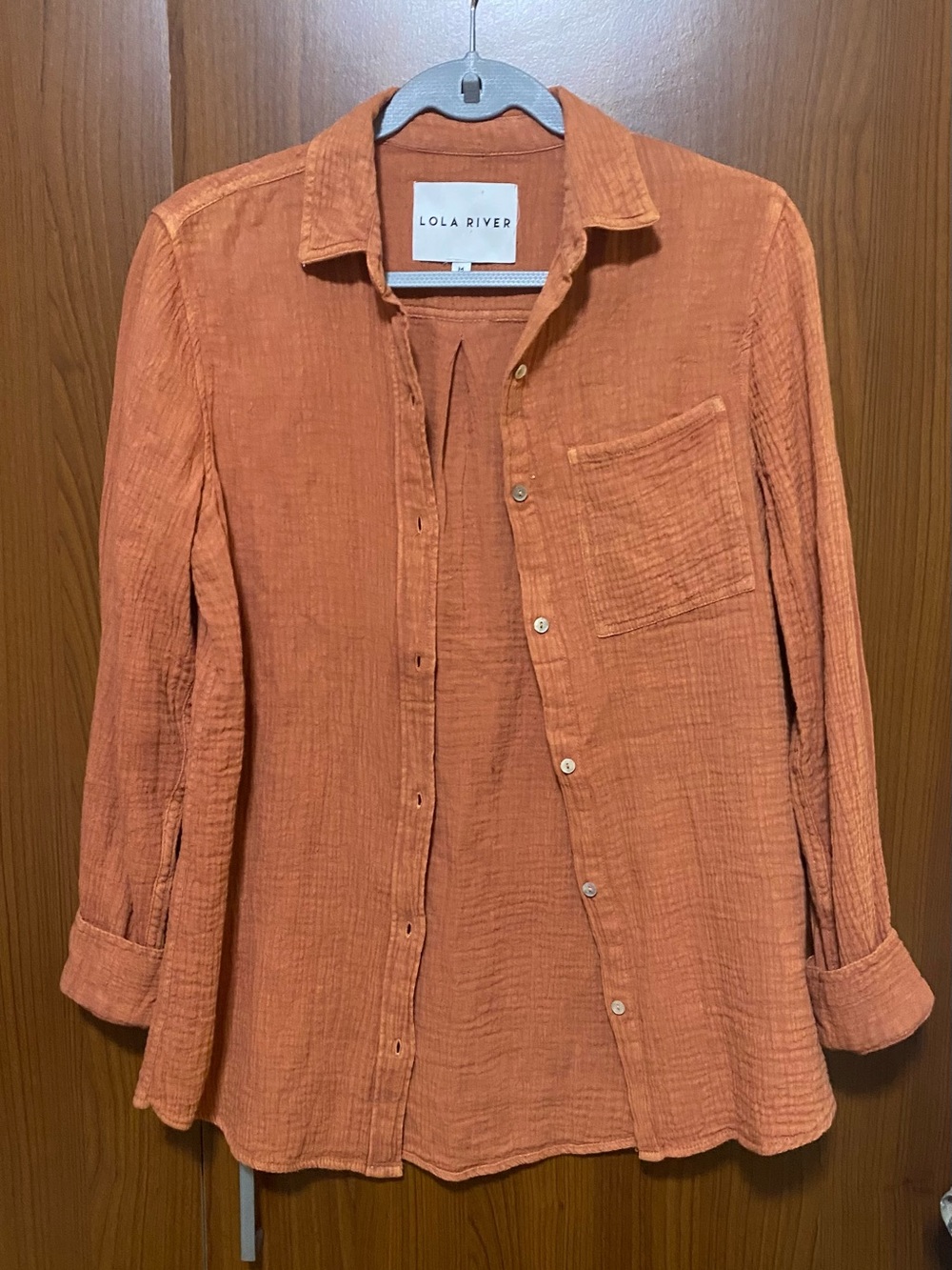 Lola River Rust Orange Women Button-Up Gauze Relaxed Summer Vacation Shirt Sz M